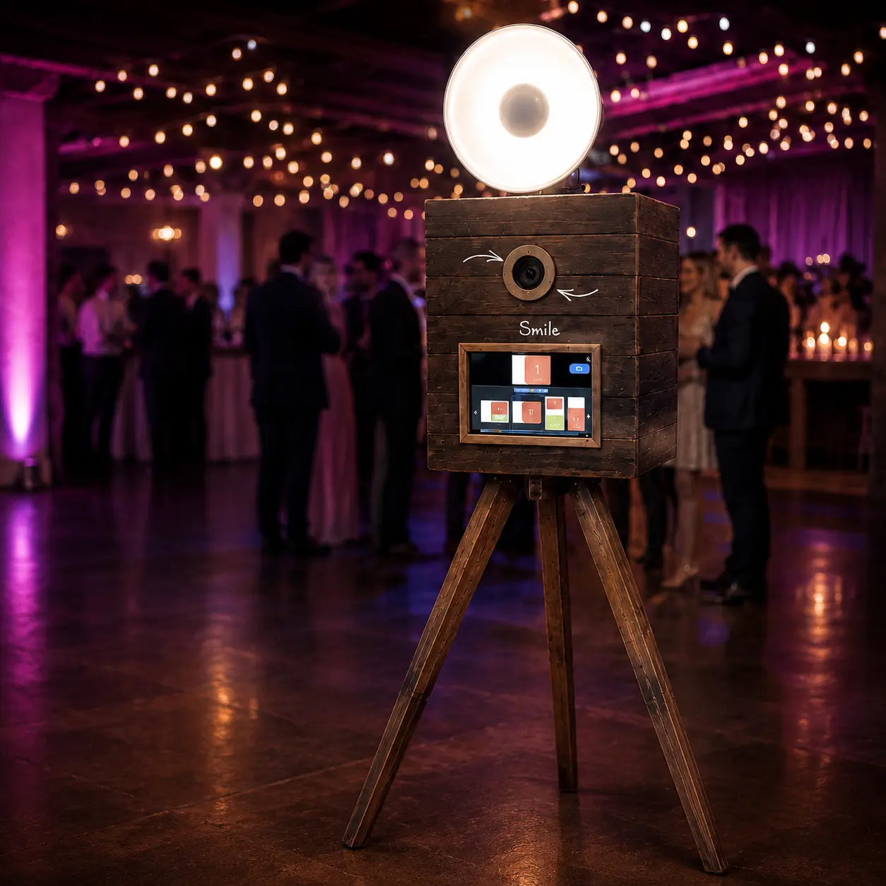 Rustikale DSLR-Fotobox aus Holz mit Studiolicht