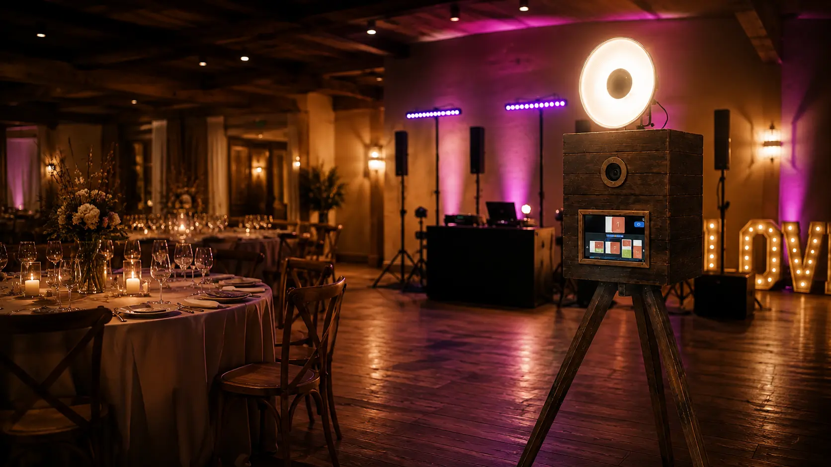 Fotobox, DJ-Technik und leuchtende LOVE-Buchstaben in einer Eventlocation