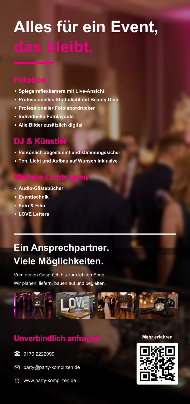 Rückseite des Party-Komplizen Flyers mit Leistungen und Kontaktdaten
