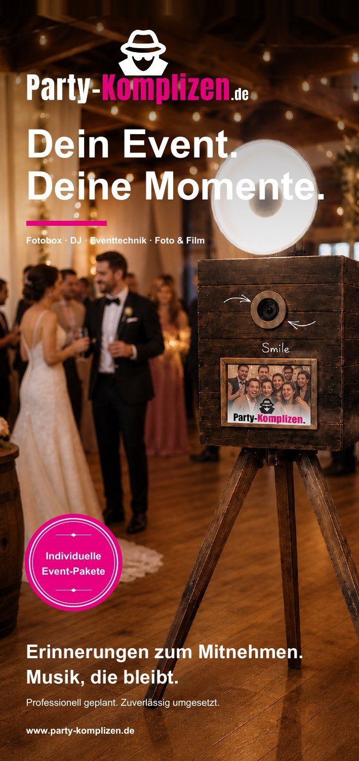 Vorderseite des Party-Komplizen Flyers mit rustikaler Fotobox auf einer Hochzeit